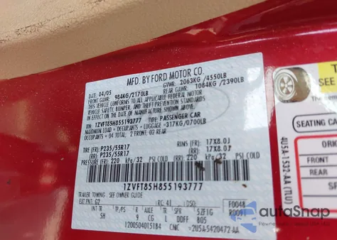 2005 Ford Mustang Gt из США, поврежденный, VIN 1ZVFT85H855193777